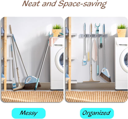 OUTNILI Mop Broom Holder - Wall Mount Organizer with 4 Slots & Hooks for Laundry Room | Gray Wood Design