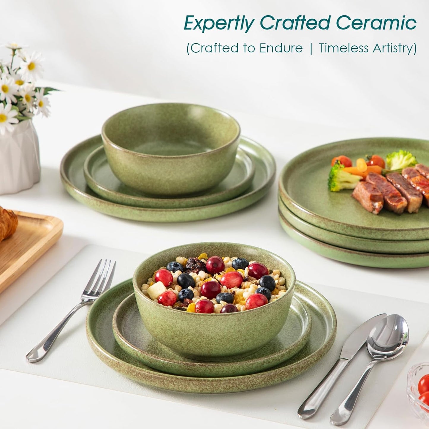 Vancasso ZERMATT Dinnerware Set - 24-Piece Stoneware Dish Set for 8 | Scratch Resistant, Dishwasher & Microwave Safe, Green