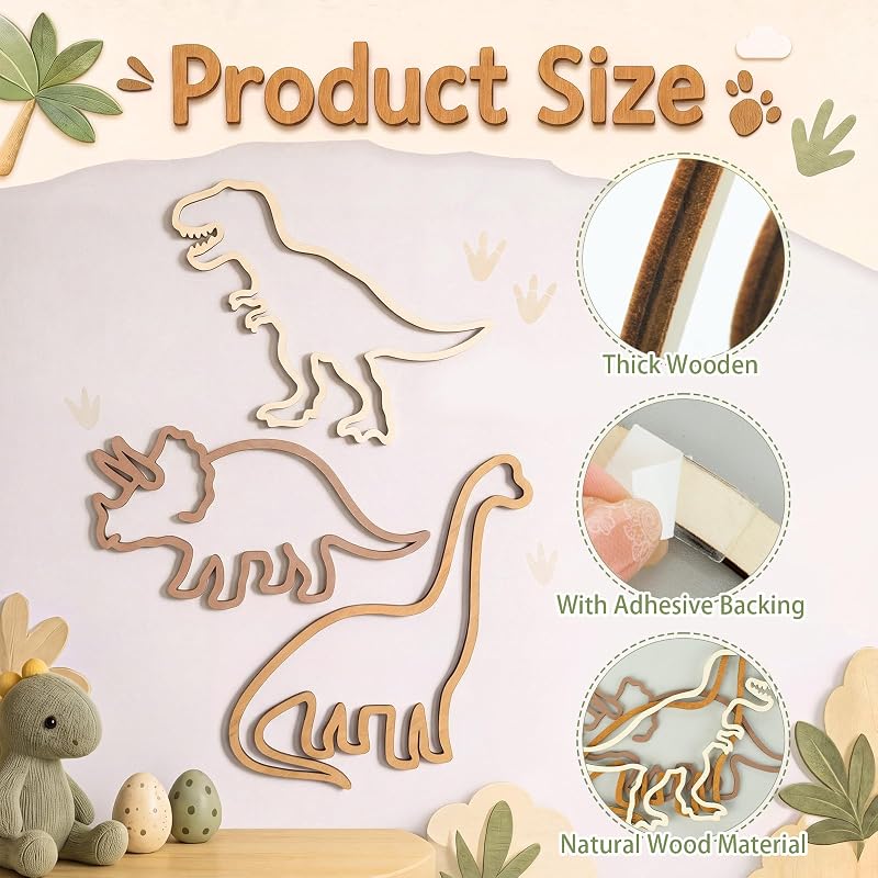 Three-Piece Wooden Dinosaur Wall Decor Set for Nursery
