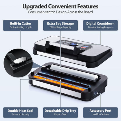 Precision Pro Vacuum Sealer by 95Kpa - Powerful Double Heat Seal & Pump | 10-in-1 Food Storage Machine, Blue