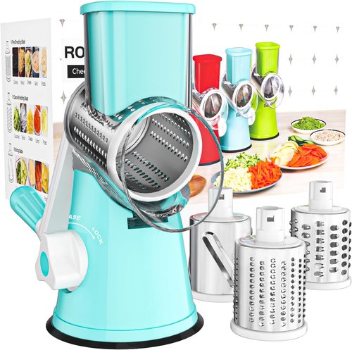 Cambom Rotary Cheese Grater - Hand Crank Shredder for Fresh Cheese & Vegetables | Non-Slip Base, Blue