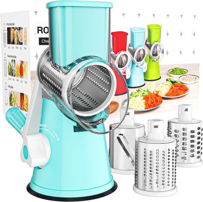 Cambom Rotary Cheese Grater - Hand Crank Shredder for Fresh Cheese & Vegetables | Non-Slip Base, Blue