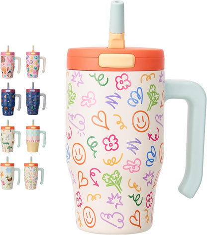 Skiennix 18 Oz Toddler Tumbler - Stainless Steel Insulated Water Bottle with Handle & Straw | Creamy Scribs
