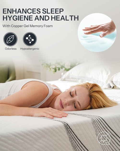 Life Balance Queen Hybrid Mattress 12 Inch, Made in USA, Medium, Copper Gel Memory Foam， Hypoallergenic & Odorless, Motion Isolation & Pressure Relief, Mattress in a Box