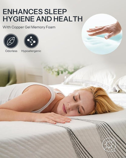 Life Balance Queen Hybrid Mattress 12 Inch, Made in USA, Medium, Copper Gel Memory Foam， Hypoallergenic & Odorless, Motion Isolation & Pressure Relief, Mattress in a Box