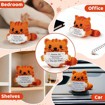 Orange-Cat Positive Crochet Cat Gift — Uplifting Message for Women & Men, Handmade Décor