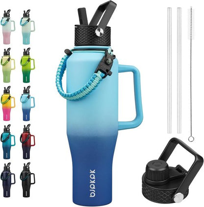 BJPKPK Insulated Water Bottle - 40oz Stainless Steel Tumbler with Straw Lid & Paracord Strap | Sky Color