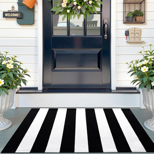 OLANLY Black and White Striped Rug 2'4" x 3'7" (27.5" x 43") – Washable Cotton Indoor Outdoor Doormat for Front Door, Entryway, Kitchen, Porch, Patio Decor