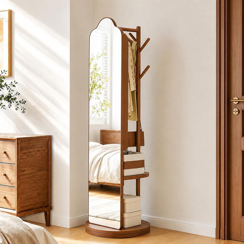 Full Length Mirror with Coat Rack & Storage – 66" L x 18" W Walnut Brown, 360° Rotating Solid Wood