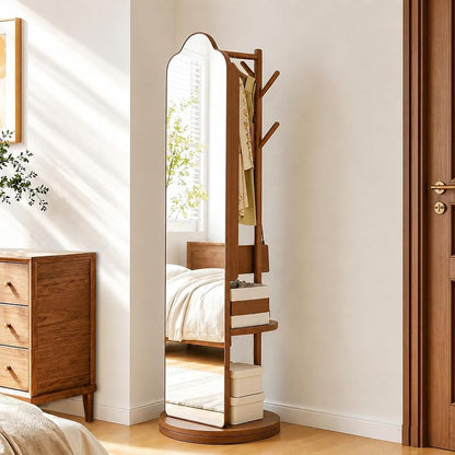 Full Length Mirror with Coat Rack & Storage – 66" L x 18" W Walnut Brown, 360° Rotating Solid Wood