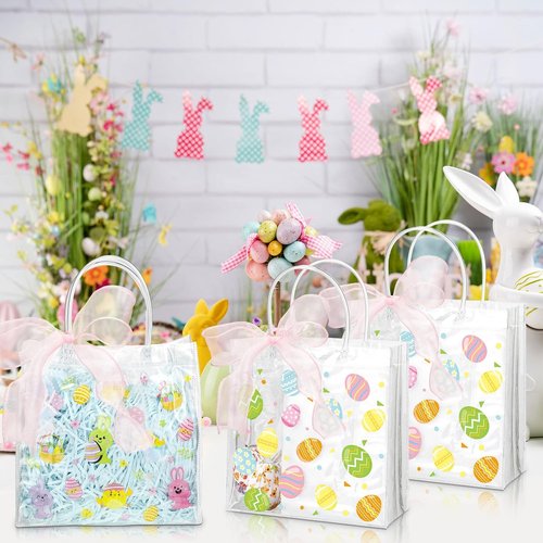 Hosuly 24 Pcs Easter Clear PVC Gift Bags with Handles Plastic Colorful Egg Favor Bags with Ribbon Easter Bunny Candy Goodie Handbags for Spring Birthday Party Supplies, 7.8 x 7.8 x 3.1 Inch