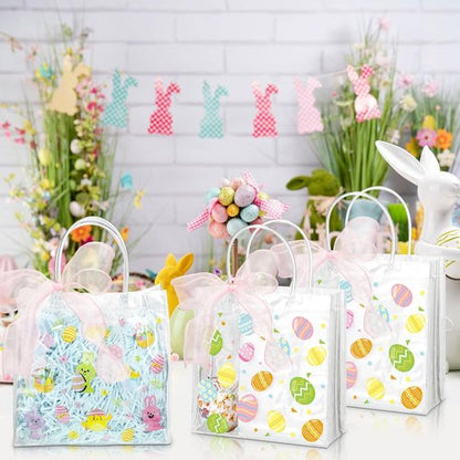 Hosuly 24 Pcs Easter Clear PVC Gift Bags with Handles Plastic Colorful Egg Favor Bags with Ribbon Easter Bunny Candy Goodie Handbags for Spring Birthday Party Supplies, 7.8 x 7.8 x 3.1 Inch