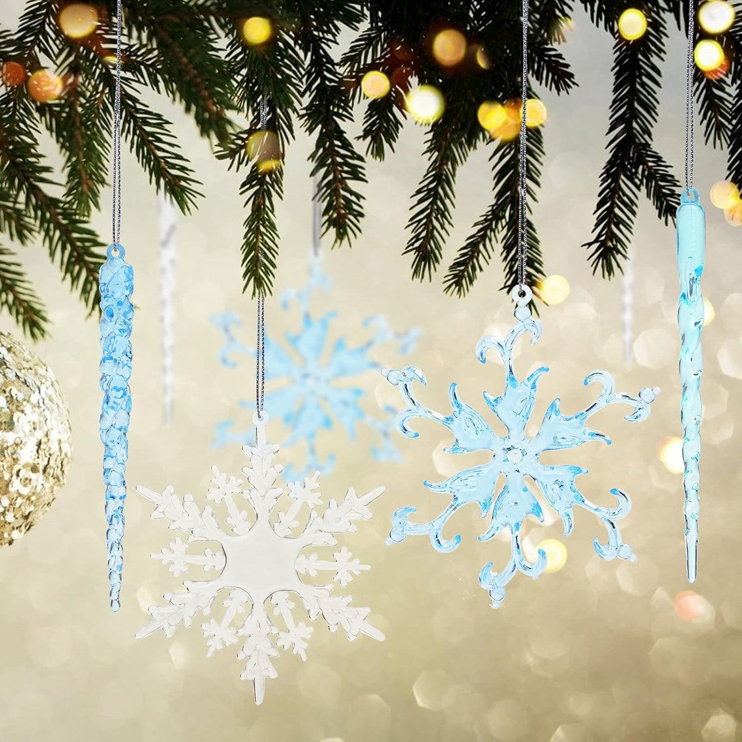 VGOODALL Clear Snowflake & Icicle Ornaments - 36PCS Acrylic Christmas Tree Decorations | Gold & Silver Strings