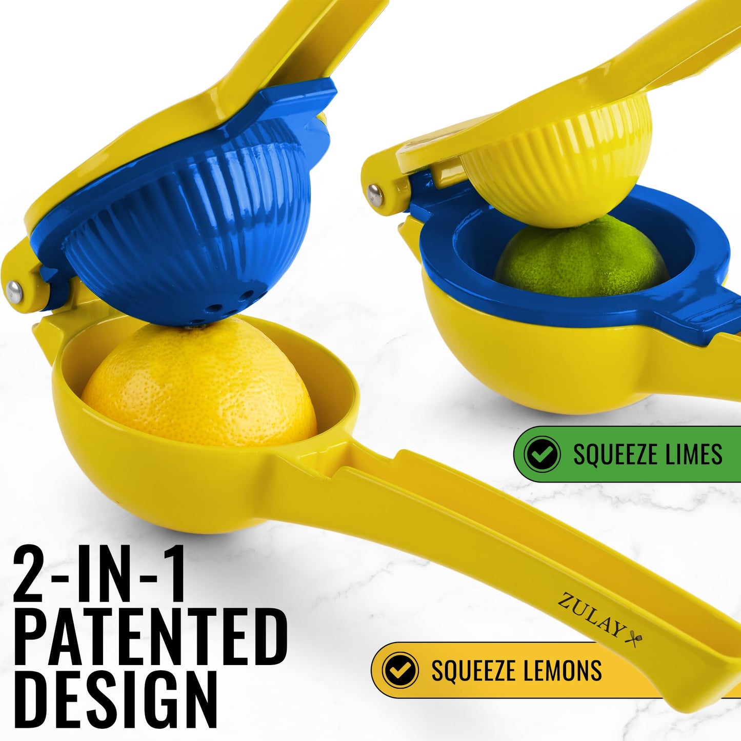 Zulay Metal 2-In-1 Lemon Squeezer Manual - Sturdy, Max Extraction Hand Juicer Lemon Squeezer Gets Every Last Drop - Easy to Clean Manual Citrus Juicer - Easy-to-Use Lemon Juicer Squeezer - Gold/Blue