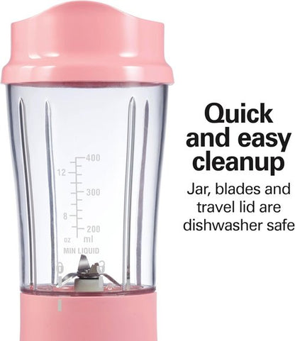 Hamilton Beach Portable Blender - 14 Oz BPA-Free Travel Cup & Lid | Durable Stainless Steel Blades, Coral