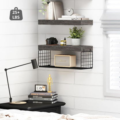 QEEIG Bathroom Shelves | Over Toilet Wall-Mounted Floating Storage - 16 Inch Set of 2, Grey Farmhouse Decor