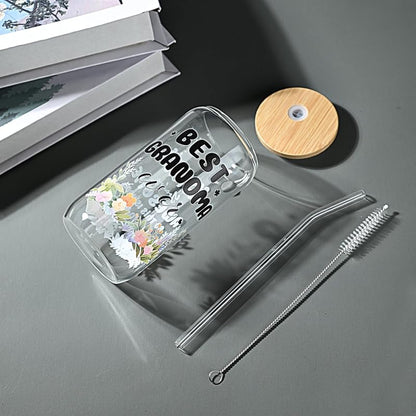 Can Glass Coffee Mug with Lid & Straw 16 Oz Gift for Grandma Variation: flower awesome grandma