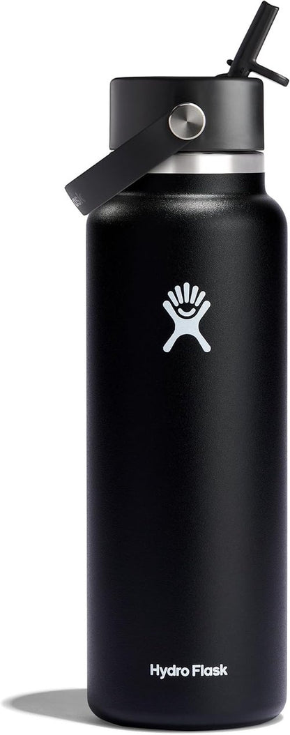 Hydro Flask Water Bottle - Insulated Stainless Steel - 40 Oz Black with Wide Straw Lid & Leakproof Design
