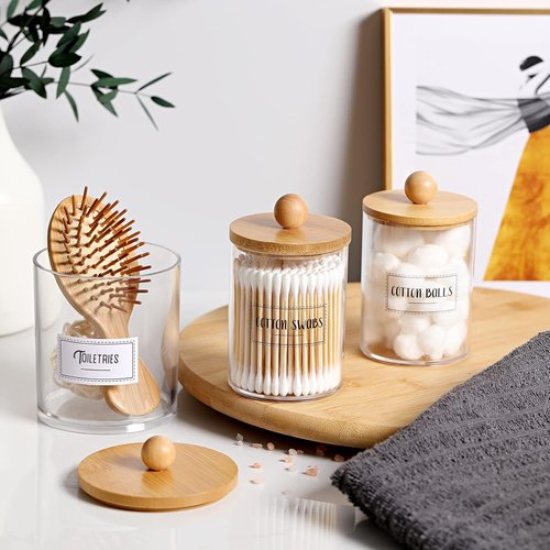 Apothecary Jar Qtip Holder Dispenser - 3 Pack Bamboo Lids Vanity Organizer for Bathroom Accessories