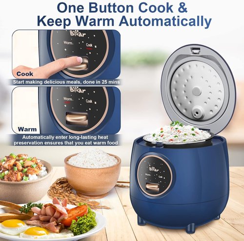 Bear Mini Rice Cooker - 2 Cups Uncooked, 1.2L Portable Non-Stick Design, BPA Free, One-Button Operation - Blue