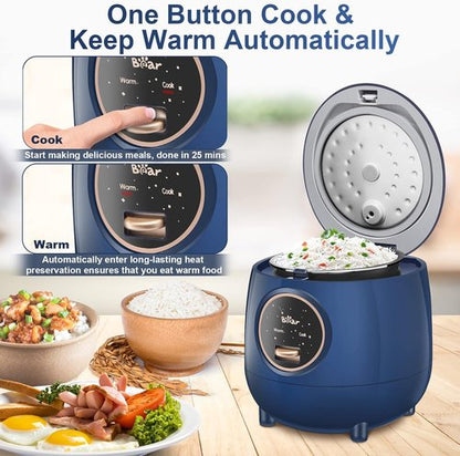 Bear Mini Rice Cooker - 2 Cups Uncooked, 1.2L Portable Non-Stick Design, BPA Free, One-Button Operation - Blue