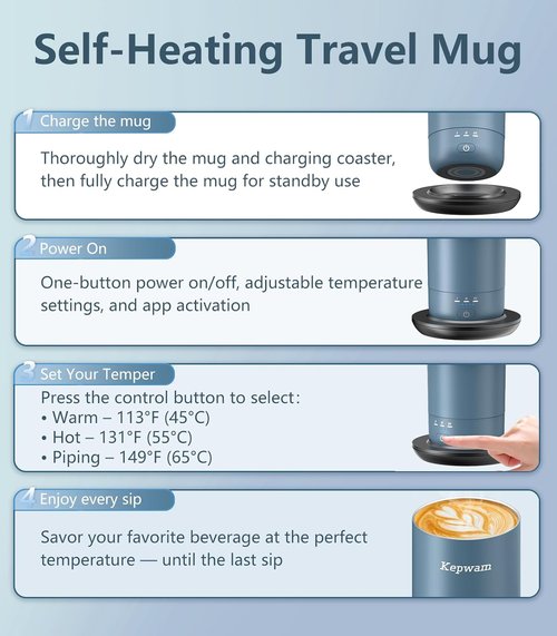 Kepwam T3 Self-Heating Travel Mug - 20oz Temperature-Controlled Coffee Warmer for On-the-Go Enjoyment