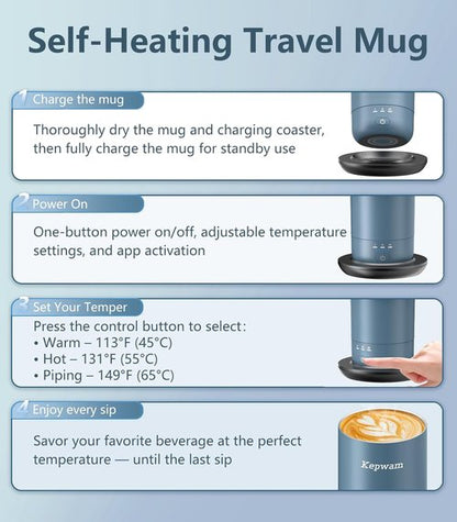 Kepwam T3 Self-Heating Travel Mug - 20oz Temperature-Controlled Coffee Warmer for On-the-Go Enjoyment