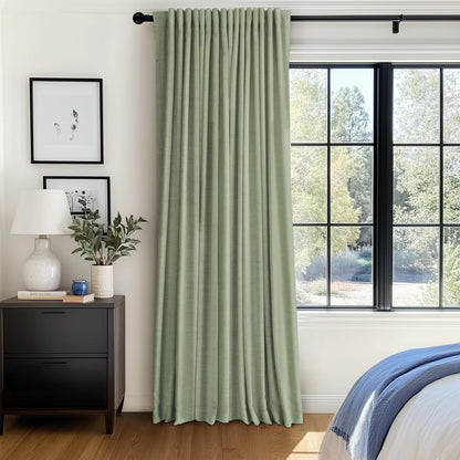 Skiennix 100% Blackout Linen Curtains - Thermal Insulated Drapes for Bedroom | 90" Long, Sage, 1 Panel Set