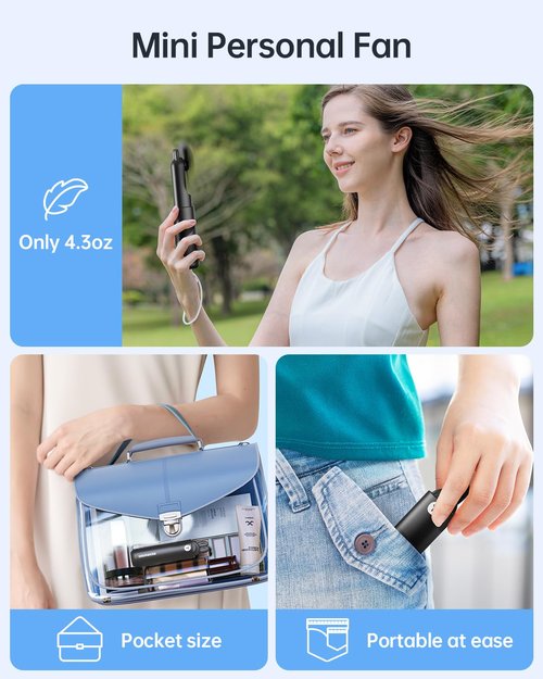 Bearwind Portable Handheld Mini Fan: 2 in 1 Rechargeable Hand Held Fan with Backup Power & Digital Display - Summer Essentials for Travel, Concerts, Makeup, Lash - Gifts for Women, Girls (Black)