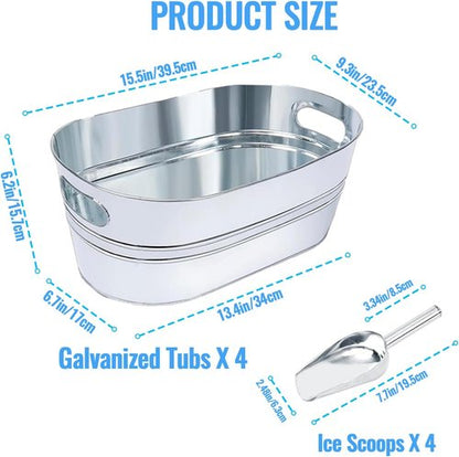 4Pcs 4 Gallon Galvanized Ice Bucket Large Galvanized Tub with Scoops Ice Bucket for Parties Mimosa Bar Supplies with Carry Handles Metal Beverage Tub for Champagne Cocktails Beer Drink Wine