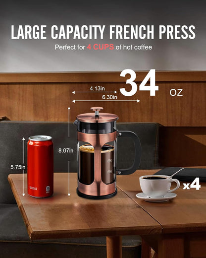 Veken 34oz French Press - Dark Pewter & Copper Design for Rich, Flavorful Coffee