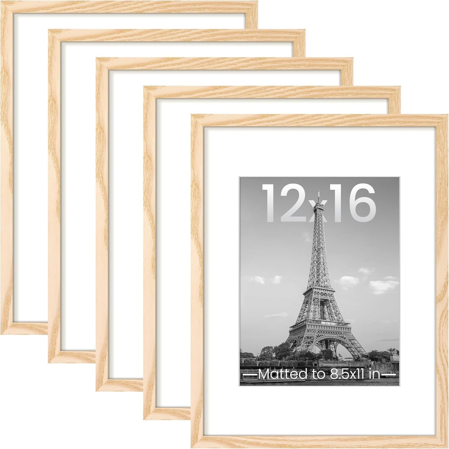 Upsimples 12x16 Picture Frame Set of 5 - Display 8.5x11 Photos with Mat or 12x16 Without | Natural Wood Finish