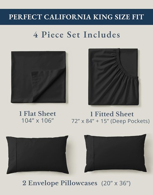 Lane Linen 100% Organic Cotton California King Sheets Set - Ultra Soft Percale Weave, Fits Mattresses Up to 15" Deep | Black