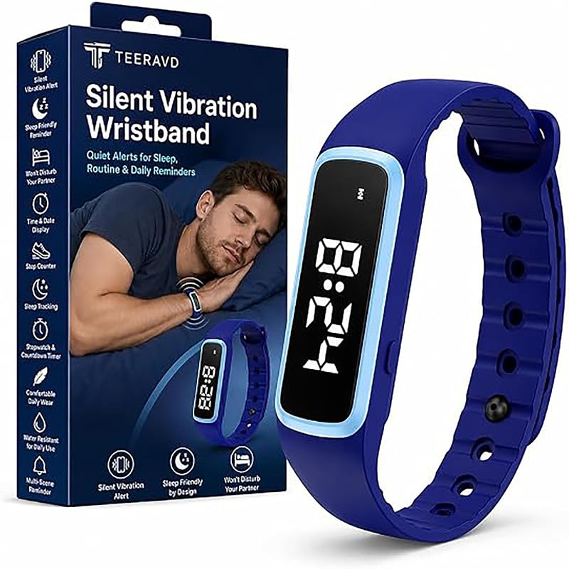 Dark Blue Vibrating Alarm Wristband - Silent Wake Wristwatch for Heavy Sleepers, Sleep Tracking & Step Counter