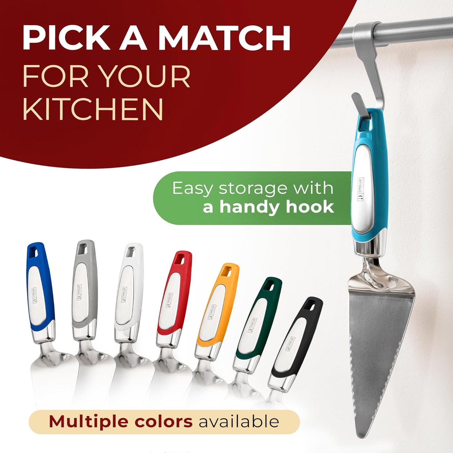 Orblue Pie Server - Serrated Stainless Steel Cake Cutter for Left or Right-Handed Chefs | Blue