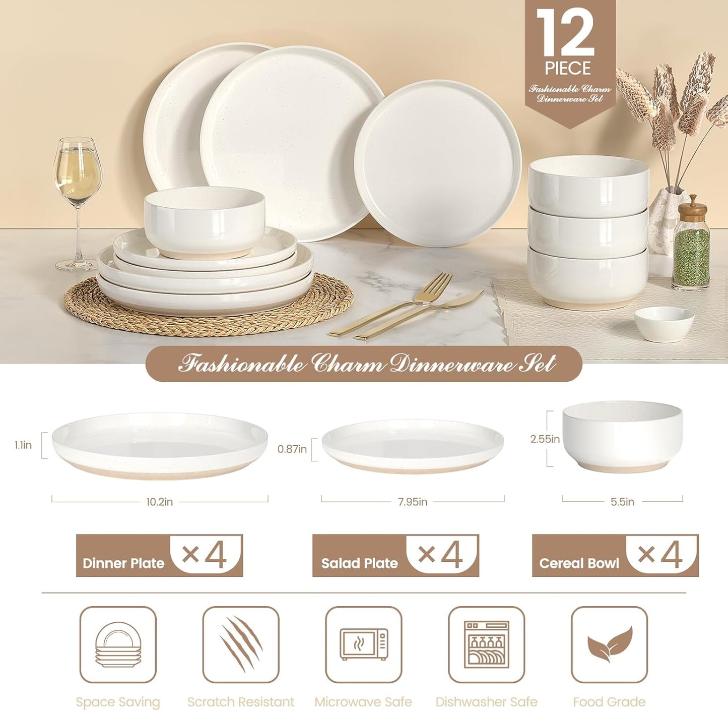 Skiennix Dinnerware Set - 12-Piece Scratch Resistant Plates & Bowls for 4 | Ceramic, Microwave & Dishwasher Safe, Cream White