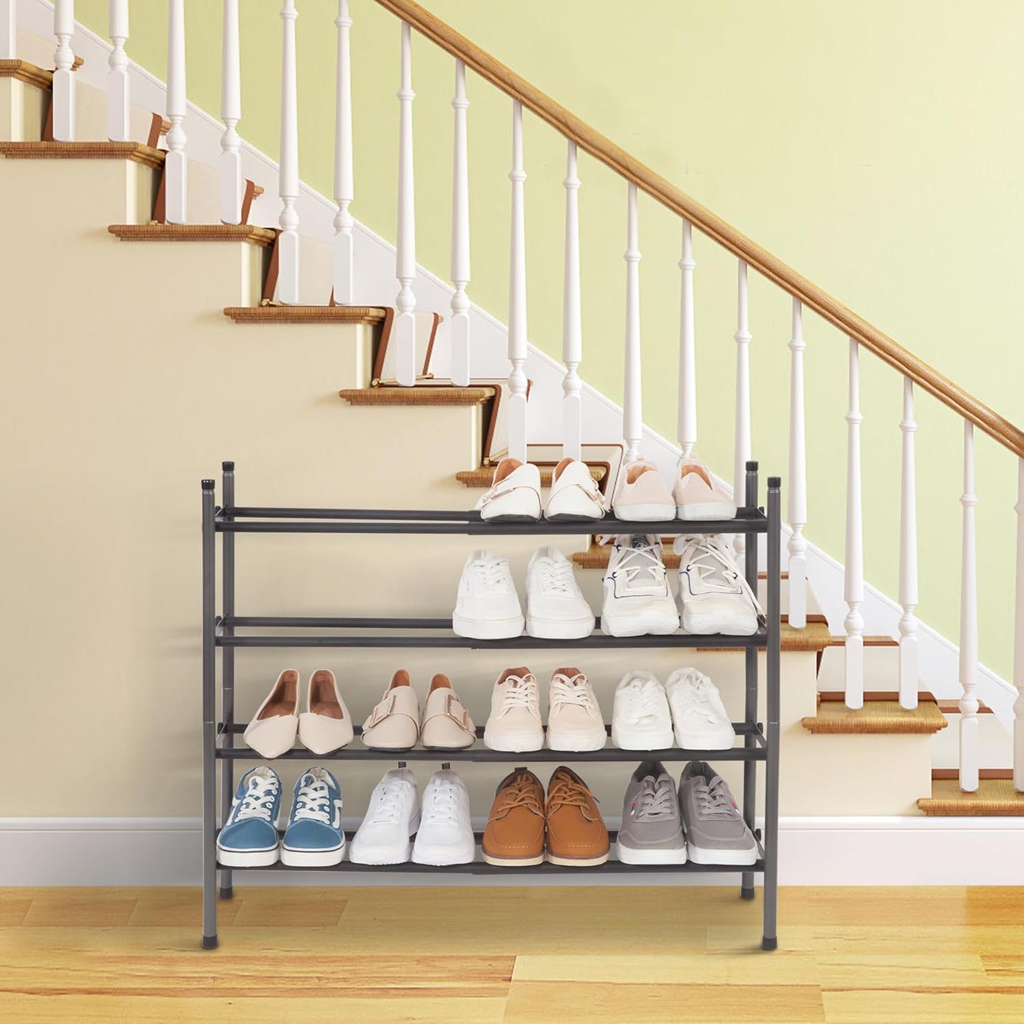 Storage Maniac Expandable Shoe Rack - Adjustable 4-Tier Organizer for 16 Pairs | Black Metal Design
