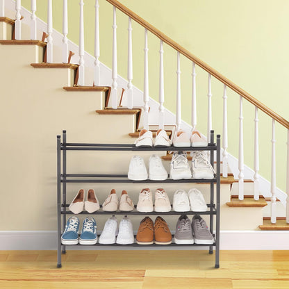 Storage Maniac Expandable Shoe Rack - Adjustable 4-Tier Organizer for 16 Pairs | Black Metal Design