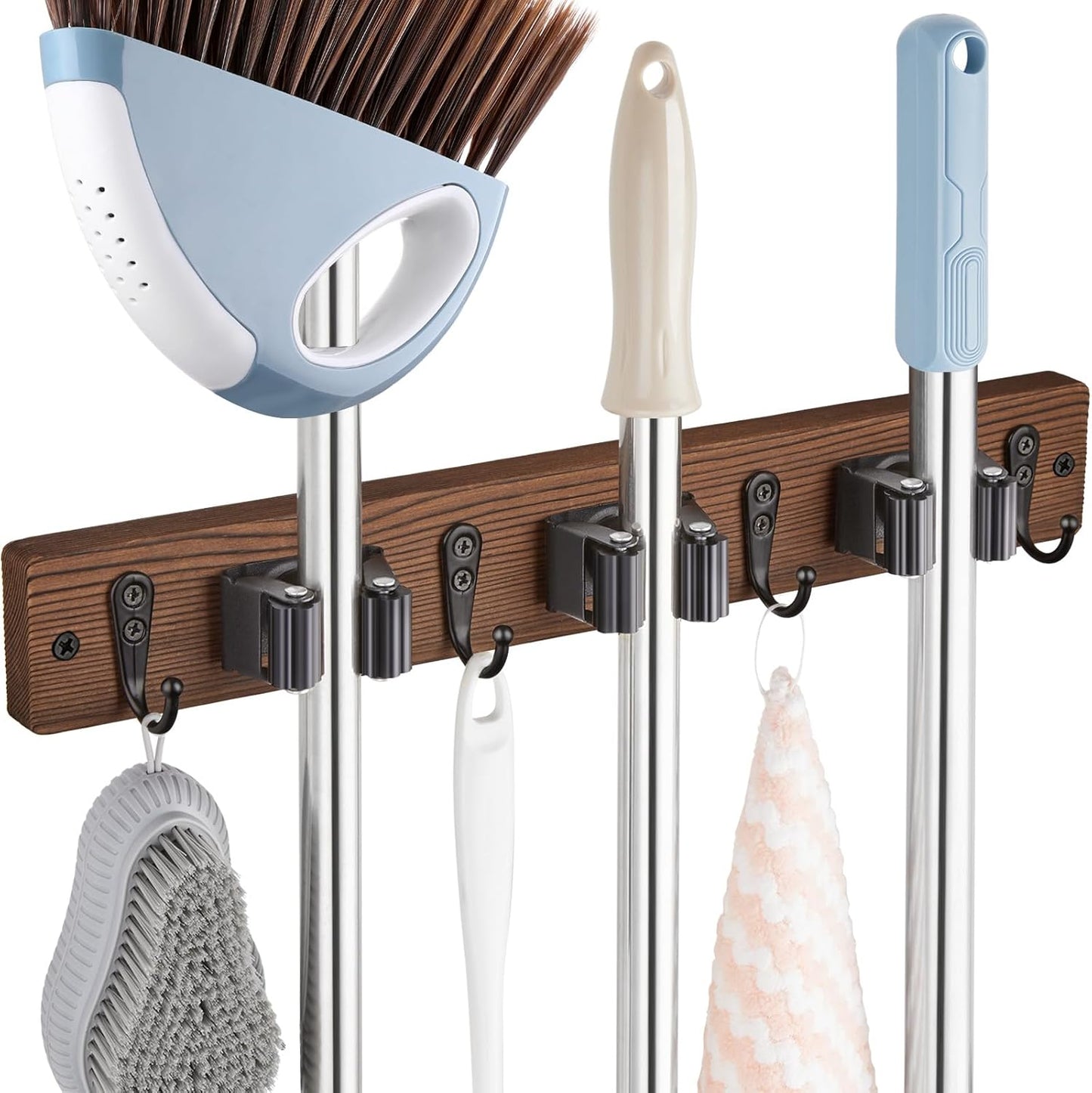 OUTNILI Mop Broom Holder Wall Mount - 3 Slots & 4 Hooks for Kitchen Organization | Rustic Farmhouse Decor