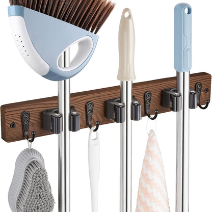 OUTNILI Mop Broom Holder Wall Mount - 3 Slots & 4 Hooks for Kitchen Organization | Rustic Farmhouse Decor