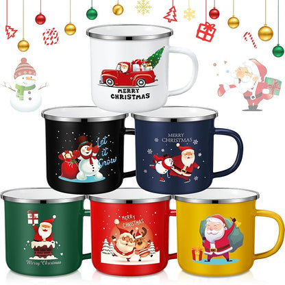 Zhehao 6 Pcs Cartoon Enamel Mugs 11 oz - Santa & Snowman Design (Variation: 6+Cartoon)