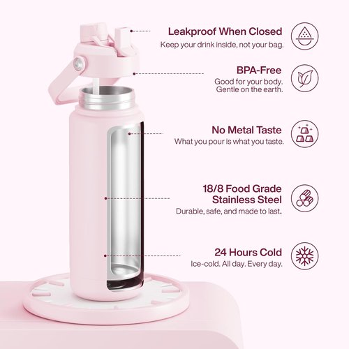 ENCOOL Insulated Water Bottle - Leak-Proof Stainless Steel with Straw | Keeps Drinks Cold for 24 Hours (32 oz, Cotton Candy)