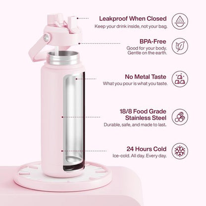 ENCOOL Insulated Water Bottle - Leak-Proof Stainless Steel with Straw | Keeps Drinks Cold for 24 Hours (32 oz, Cotton Candy)