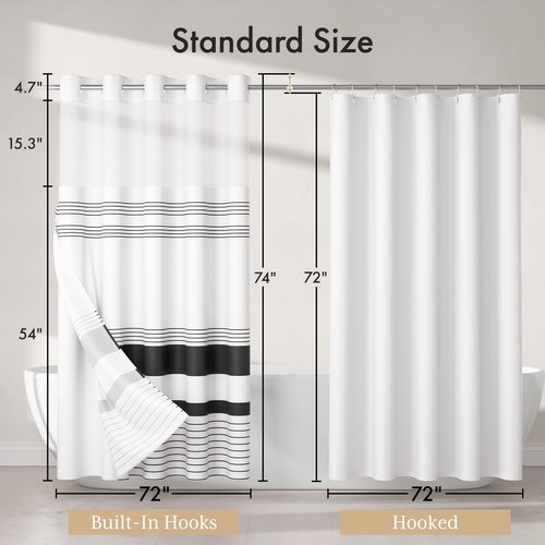 AmazerBath No Hook Shower Curtain and Liner Set, Shower Curtain with Liner and Hooks Built-in Less Time, Heavy Double Waterproof Farmhouse Shower Curtain Set for Bathroom, Black Stripe, 74"x72"