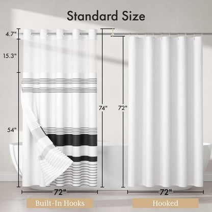 AmazerBath No Hook Shower Curtain and Liner Set, Shower Curtain with Liner and Hooks Built-in Less Time, Heavy Double Waterproof Farmhouse Shower Curtain Set for Bathroom, Black Stripe, 74"x72"
