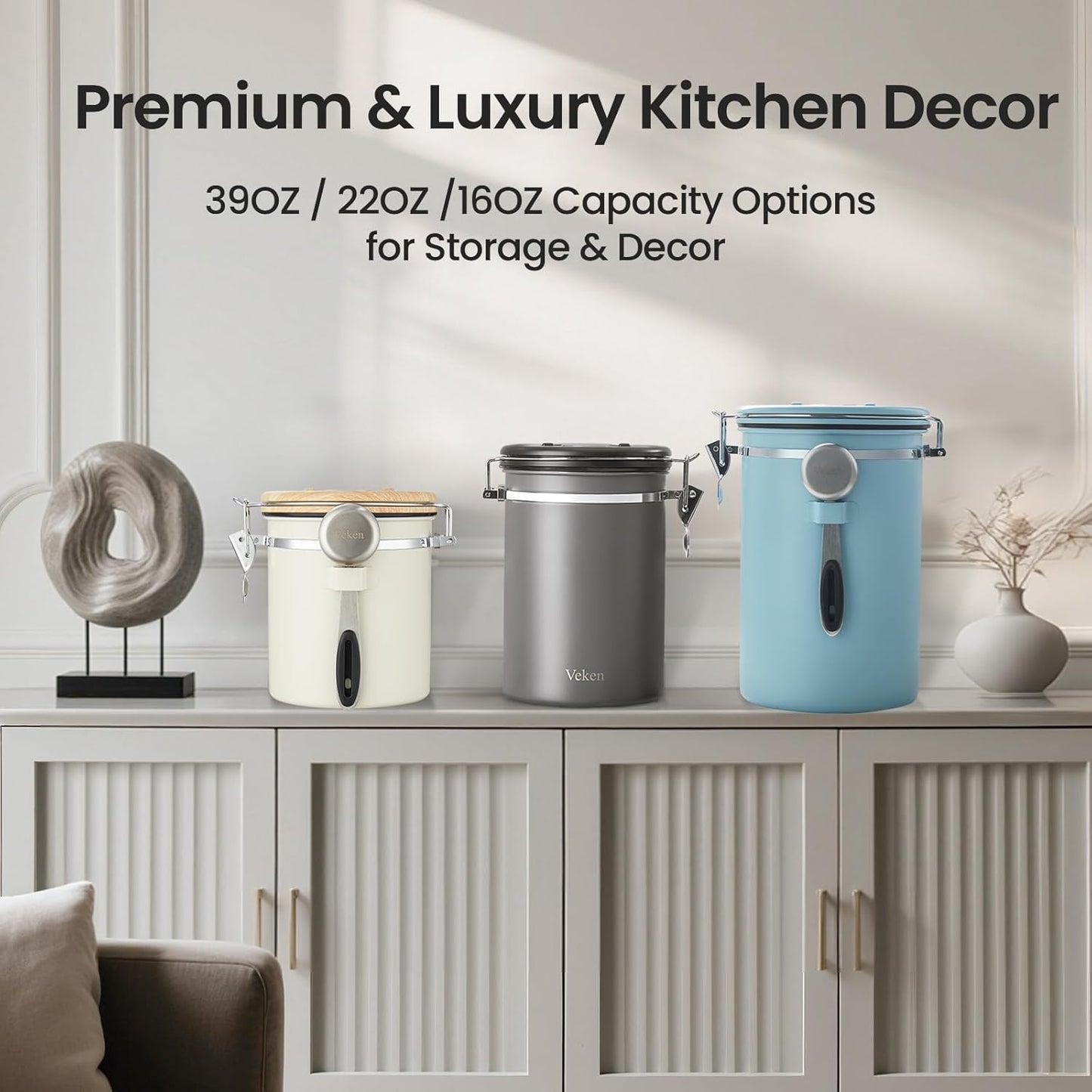 Veken Coffee Canister - 39oz Airtight Stainless Steel Storage for 2.2lbs Coffee, Tea & Sugar | Blue