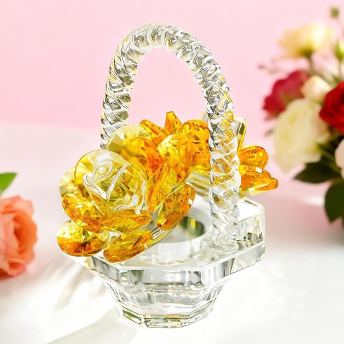 H&D Hyaline & Dora Crystal Flower Basket Figurine - Elegant Home Decor Tabletop Centerpiece | Yellow Gift for Her