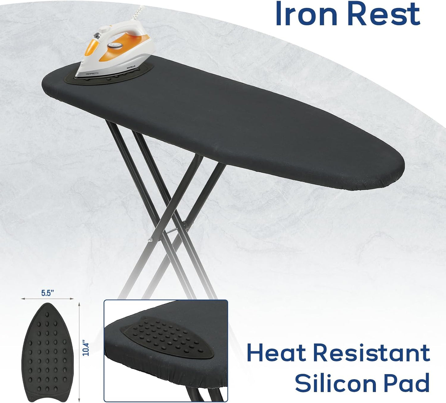 RAINHOL Ironing Board - Compact Full-Size Design with Iron Rest & Heat-Resistant Pad | 43x13 Inches, Black