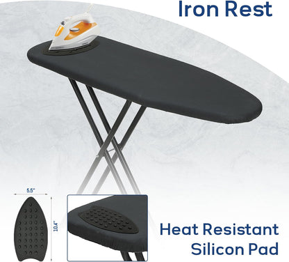 RAINHOL Ironing Board - Compact Full-Size Design with Iron Rest & Heat-Resistant Pad | 43x13 Inches, Black