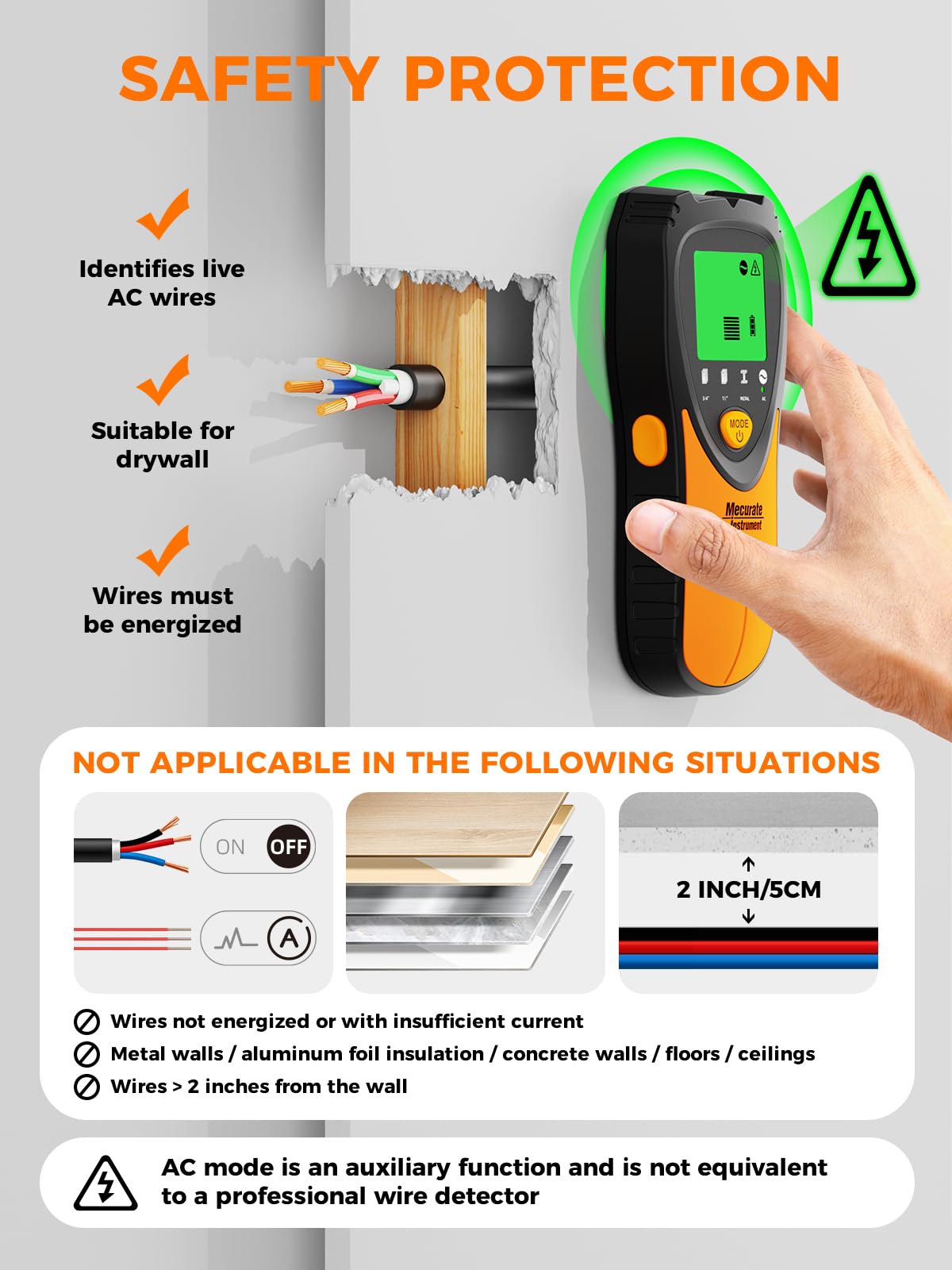 Mecurate Stud Finder Wall Scanner Sensor - 5 in 1 Electronic Stud with LCD Display & Audio Alarm for Wood AC Live Wire Metal Studs Detection Joist Pipe